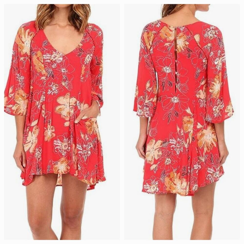Free People Eyes On You Trapeze Mini Dress Pockets Floral Print Women's Size 2